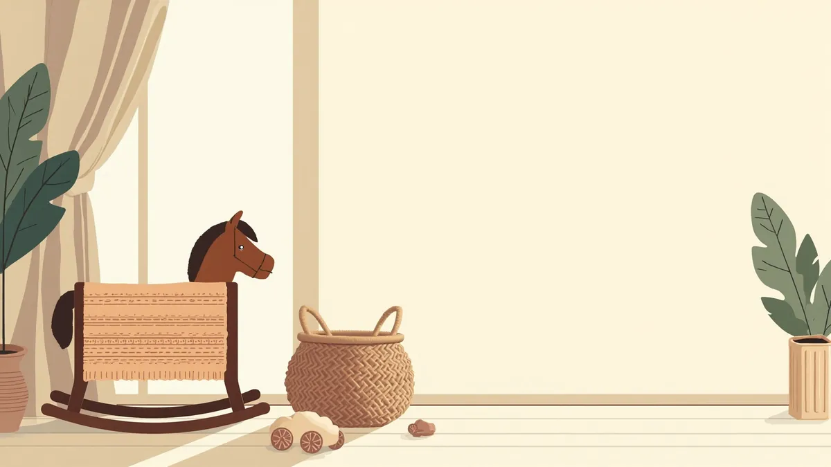 Illustration of a quiet nursery with a wooden rocking horse and a knitted blanket
