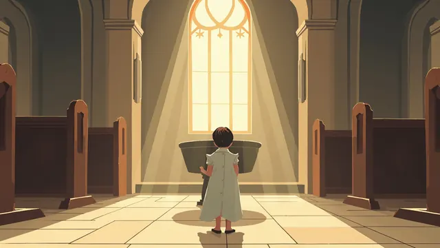 A small child in a long white gown stands by a stone baptismal font in a chapel with stained glass.