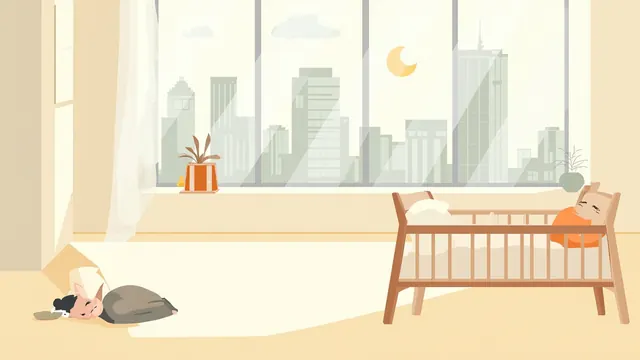 A baby in a modern wooden crib rests on the floor of a sunlit loft with a city skyline outside.