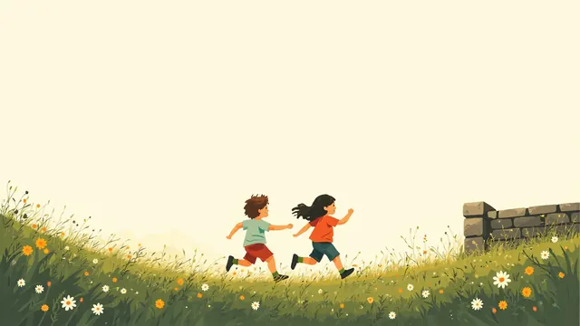 Two small children run across a windswept meadow bordered by a low stone wall, wildflowers bending around their quick steps