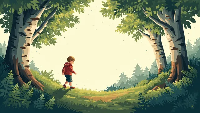 A young child walks a mossy forest path beneath tall birch and pine trees in gentle rain.