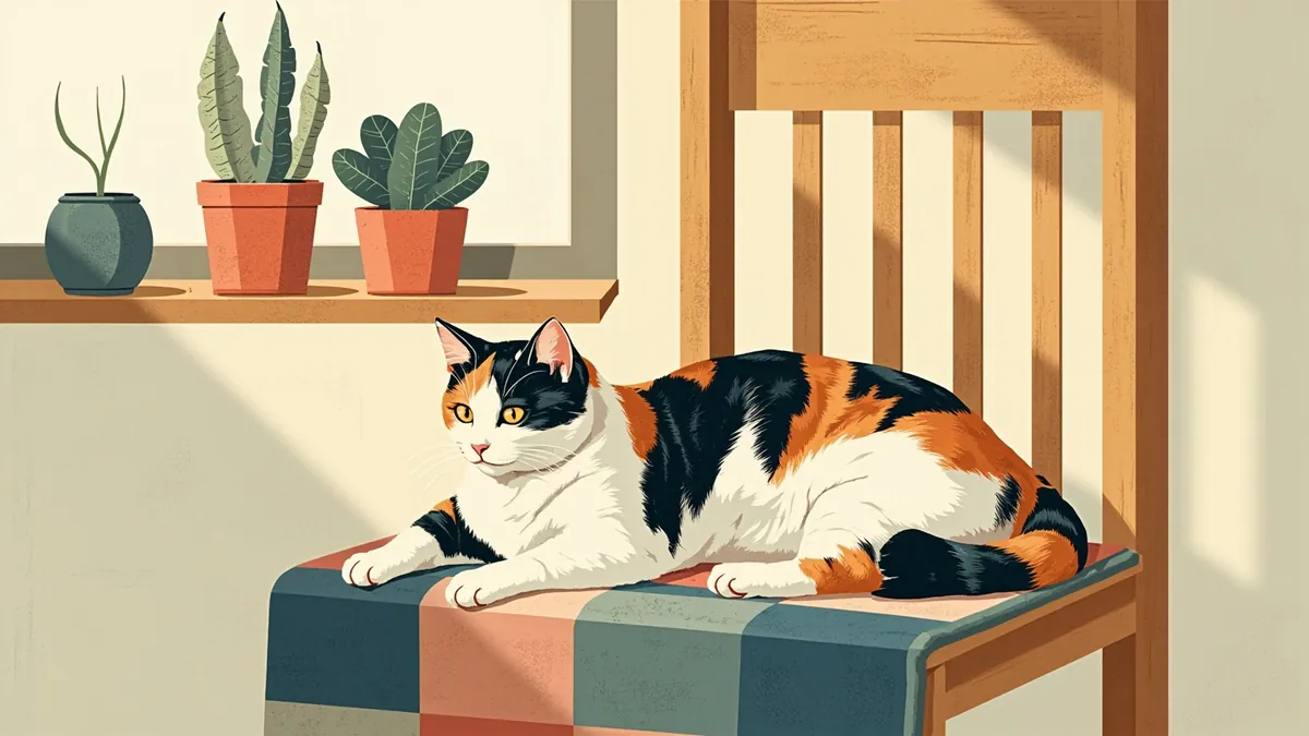 Illustration of a calico cat with orange, black and white patches stretched on a quilt by a sunny window
