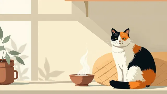 A calico cat resting on a quilted cushion in a sunlit kitchen, near a steaming milk bowl