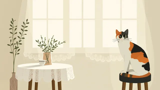 An elegant calico sits on a velvet stool in a refined parlor with lace curtains and a porcelain teacup