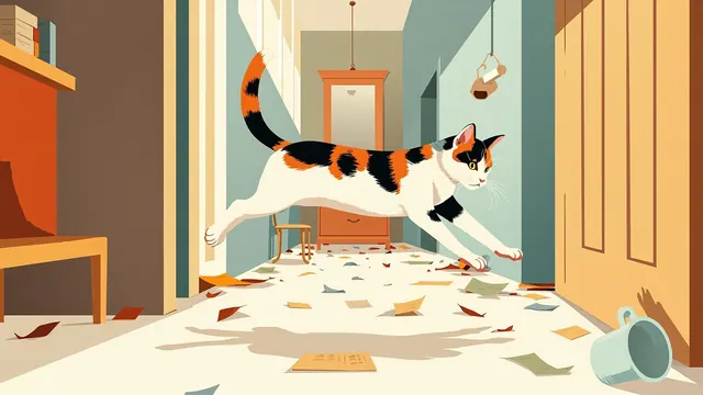 A calico cat leaps through a cluttered hallway, knocking over a mug amid scattered paper scraps