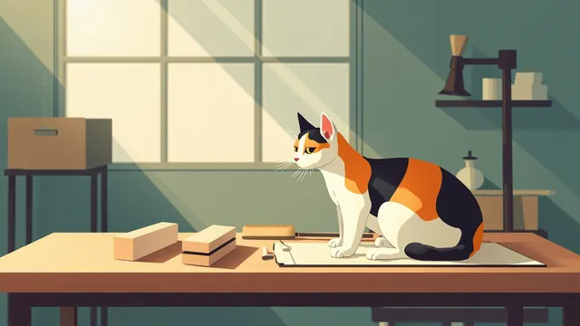 A calico with patchwork fur on a wooden grooming table in a sunlit workshop, brushes nearby