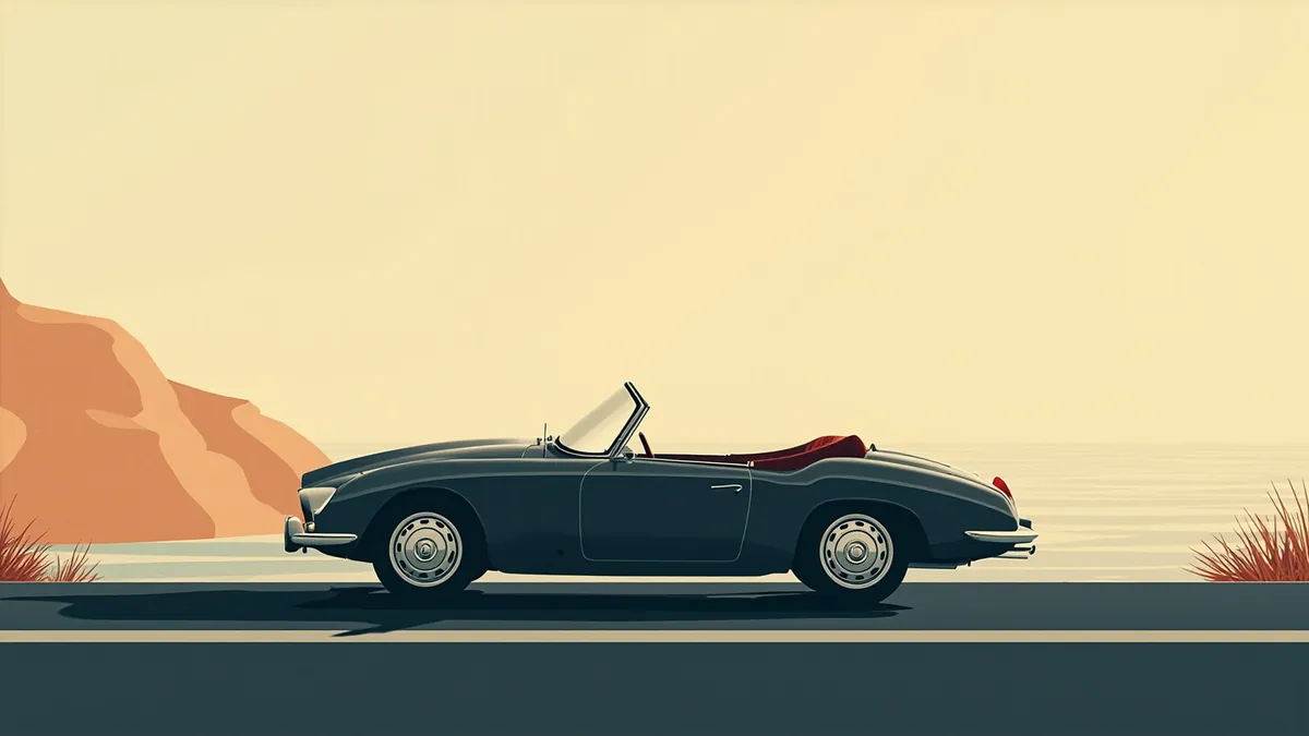 Side view illustration of a classic coupe on an empty coastal road at dusk