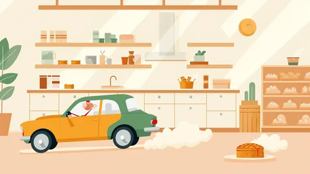 A small rounded car parked inside a sunny kitchen next to a steaming pie on a counter