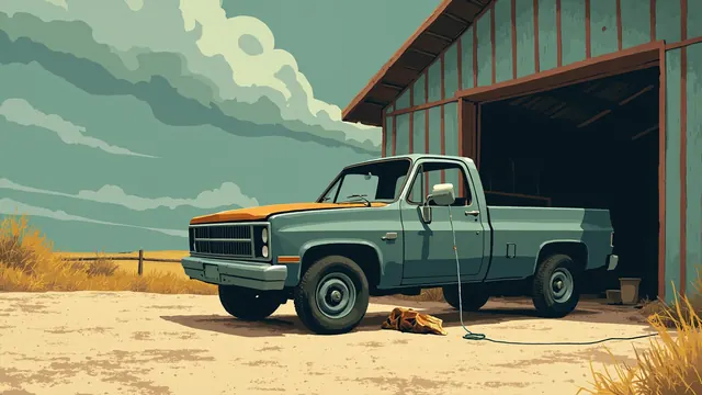 A dented pickup truck parked in a dirt lot outside a rural garage under overcast skies