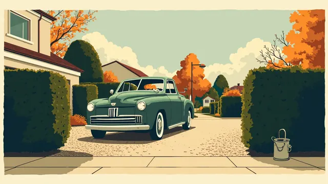A vintage coupe with running boards parked on a pebble driveway beside a hedgerow and watering can