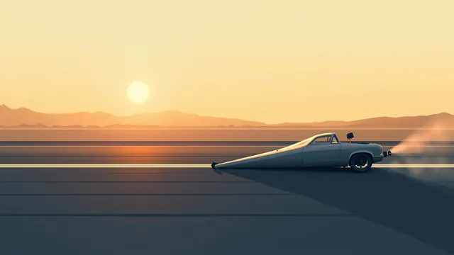 A low-profile roadster resting on an empty drag strip at dawn, heat haze rising from the asphalt