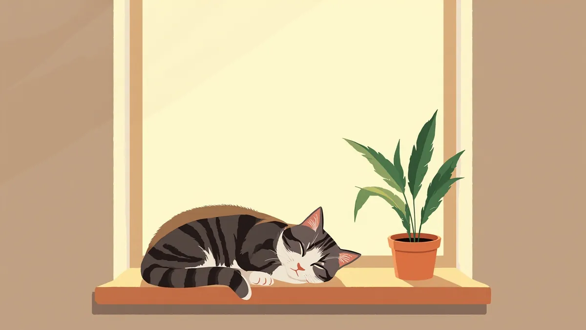 Illustration of a tabby cat asleep on a sunlit windowsill next to a potted plant