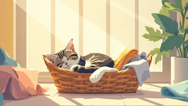 A small tabby kitten dozes in a wicker laundry basket amid soft folded towels in a sunlit room