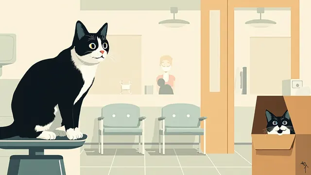 A tuxedo cat on a vet's scale beside an open carrier, two cats reacting in a clinic waiting room