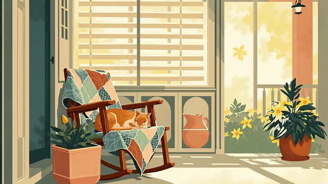 A ginger cat dozing on a sunlit porch beside a rocking chair draped with a patchwork quilt and a lemonade pitcher