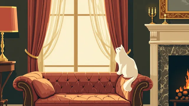 A long-haired white cat perches on a velvet settee in an elegant parlor with a marble fireplace