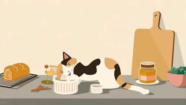 A calico cat investigates a ramekin of cream near cooling bread and a jar of honey on a kitchen counter