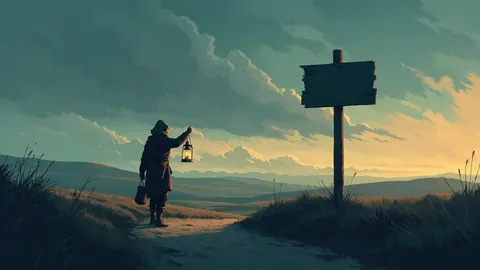 Illustration of a hooded traveller with a lantern at a crossroads at dusk
