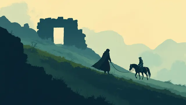 A cloaked traveller and a tethered horse walk along a misty mountain ridge toward an old stone archway at dusk.