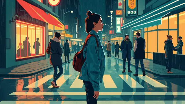 A young woman waits at a rain-slicked city crosswalk under neon awnings, between strangers walking home in the evening.