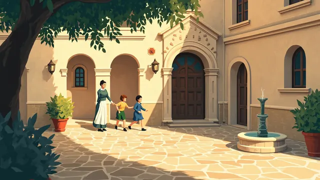 A governess guides two children across a sunlit cobbled courtyard past a stone fountain toward a townhouse door.