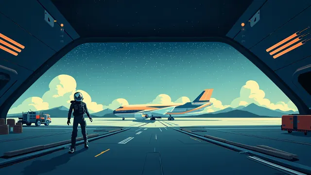 A pilot in a flight suit strides across a starlit hangar past a refuelled spacecraft toward an open runway.
