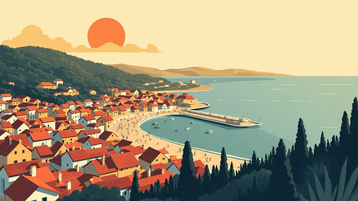 Aerial illustration of a coastal town with terracotta roofs at golden hour