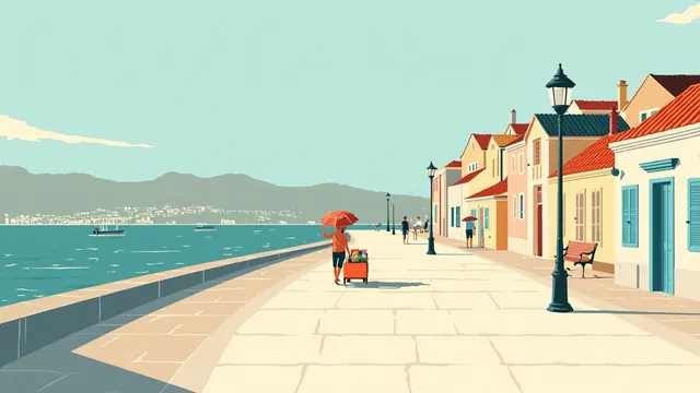 A curved seaside promenade runs past a harbor, shuttered houses and a stone seawall.