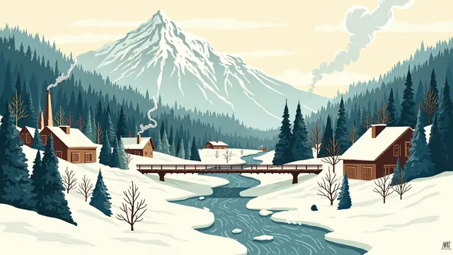 A snowy mountain valley with a timber settlement, smoking chimneys and a wooden bridge over an icy river.