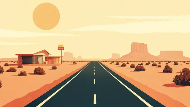 A desert highway runs past a lone gas station and timber outpost toward distant mesas under a hot sky.