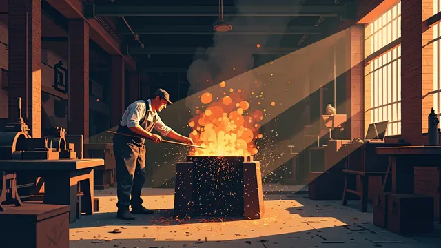 Inside a brick foundry, a worker pours molten metal into molds as sparks scatter across an iron floor.