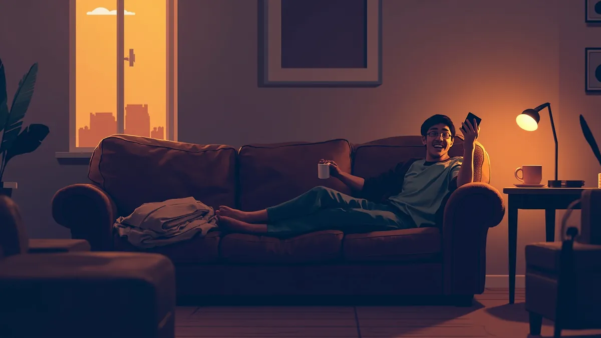 Illustration of a person laughing on a sofa at dusk with a phone resting face-down on their knee