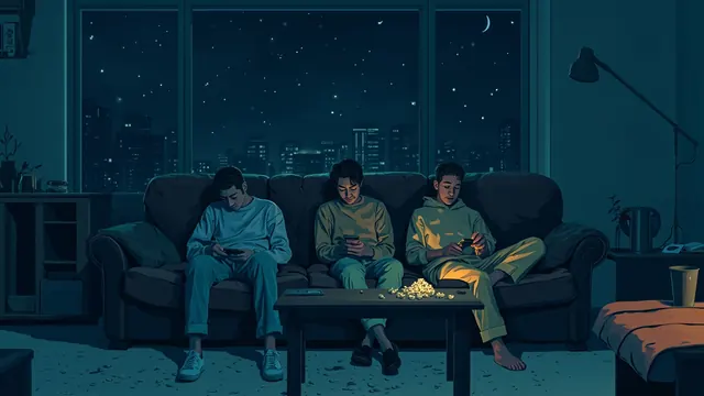 Three friends on a couch at midnight, laughing hard at a glowing phone resting on a coffee table next to a popcorn bowl.