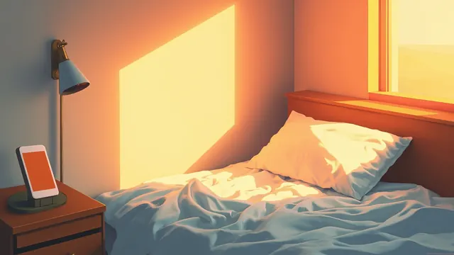 A quiet bedroom at sunrise with rumpled sheets and a phone resting on a wooden nightstand bathed in golden morning light.