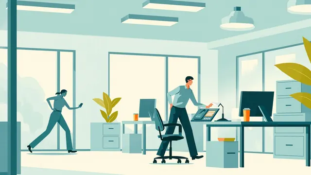 A coworker walks past a desk in a fluorescent office, where a phone lies face-up next to a half-empty coffee mug.