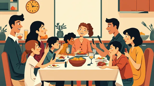 Cousins lean in at a crowded dinner table to look at phones propped between serving bowls and drinking glasses in a cozy kitchen.