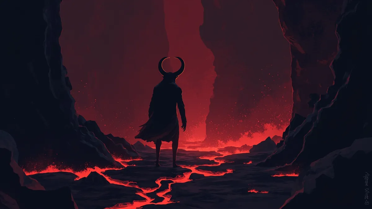 Illustration of a horned silhouette in a dark cavern lit by red glowing cracks