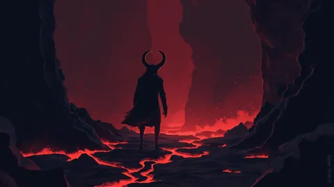 Illustration of a horned silhouette in a dark cavern lit by red glowing cracks