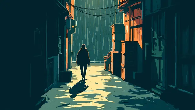 A wet alley at night where a small shadow scurries between crates beneath a failing streetlamp