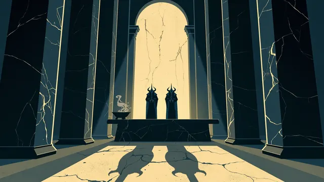 Two horned lieutenants face each other across a cracked marble table in a shadowy throne room lit by a smoking iron brazier