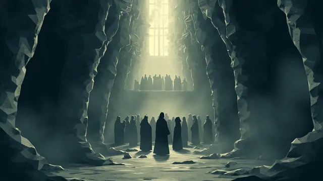 A vast underground cavern cathedral where robed figures chant beneath a shaft of grey light