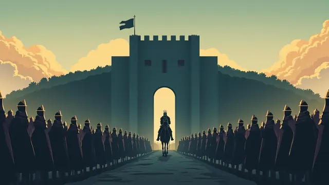 Illustration of a crowned figure on horseback halted at a fortress gate above ranks of waiting riders