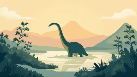 Illustration of a long-necked sauropod wading through a misty prehistoric lake