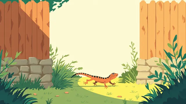 A tiny dinosaur-like creature darts across a backyard stone wall into grass between fences