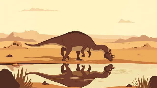 A horned dinosaur with a large frill pauses at a muddy watering hole on a sunlit savanna trail at midday