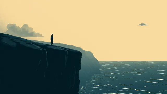 A long-necked dinosaur stands at the edge of a coastal cliff at dusk over a dark sea