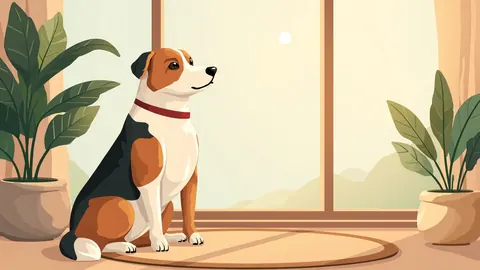 Illustration of a friendly dog sitting on a rug beside a sunlit window