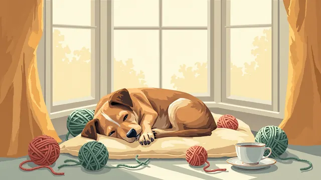 A tiny dog napping on a cushion by a sunny window, yarn balls and an overturned teacup nearby