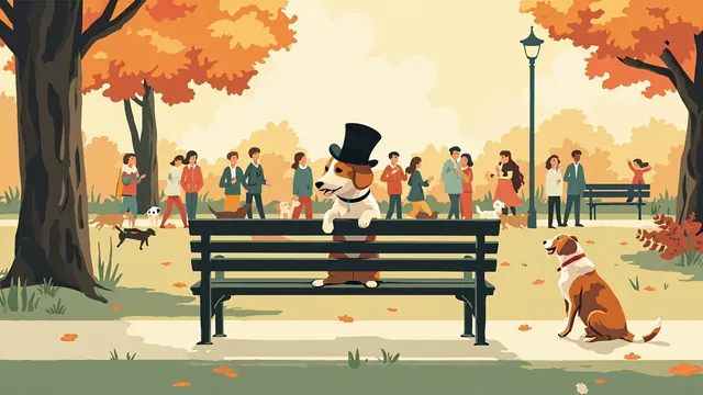 A small dog in a top hat bowing on a park bench while a crowd of people laughs at a dog park