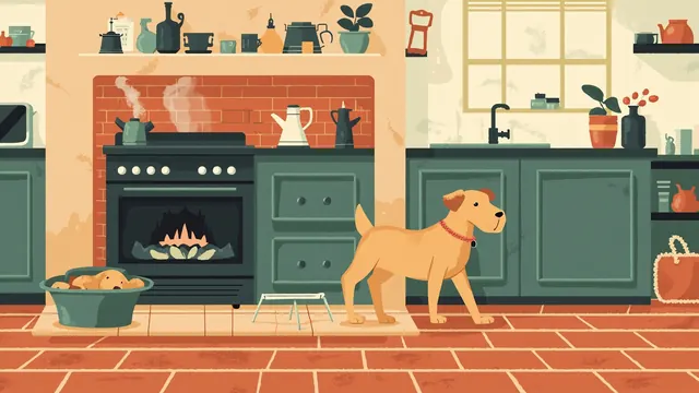 A kitchen interior with a dog sitting by a feeding bowl on a brick hearth, steam rising from a kettle